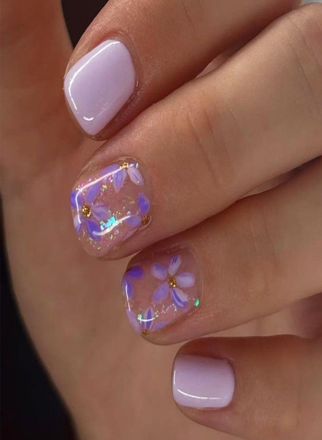 Sevgob Purple Press on Nails Short Square Fake Nails with Lilac Flower Design Floral Glue on Nail Glossy Glitter Spring Nails Reusable Summer False Nail for Women Daily Wear Manicure 24pcs - Image 1